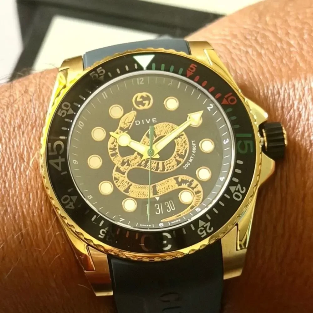NWT Full Set Gucci Dive Men Yellow Gold PVD Black Rubber Swiss Watch YA136219
